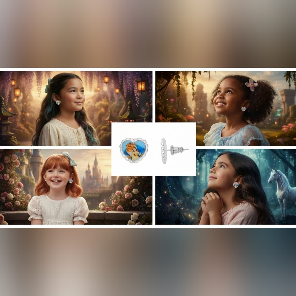✨️New Disney Princess Belle Beauty & The Beast Silver Plated Heart Stud Earrings